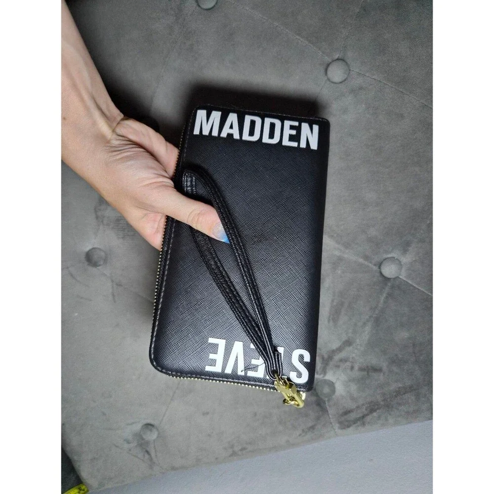 Steve Madden Black Wristlet Zip-Around Wallet with White Logo
